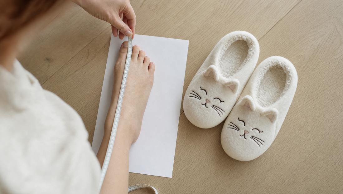 Mesurer son pied en centimètres à côté de chaussons chat