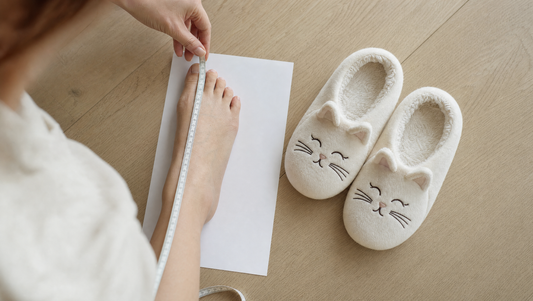 Mesurer son pied en centimètres à côté de chaussons chat