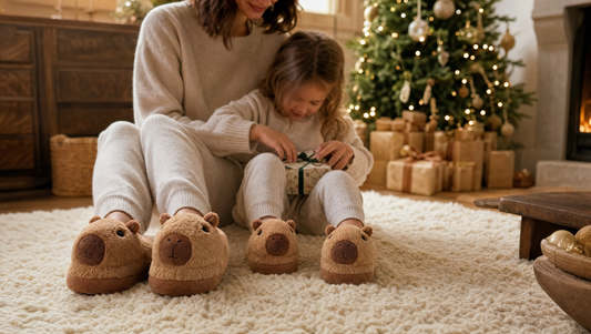 Mère et enfant en chaussons capybara assortis au pied du sapin de Noël