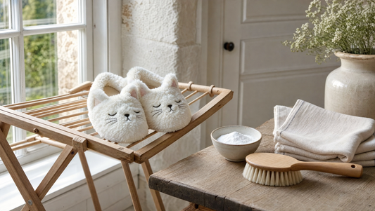 Chaussons en peluche qui sèchent à l'air libre, brosse et bicarbonate