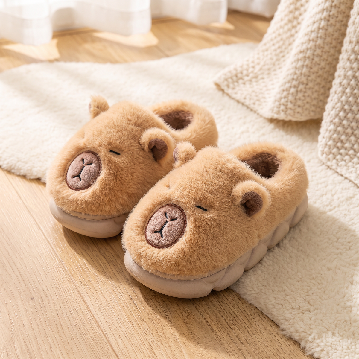 Chaussons Capybara câlin sur un tapis en laine
