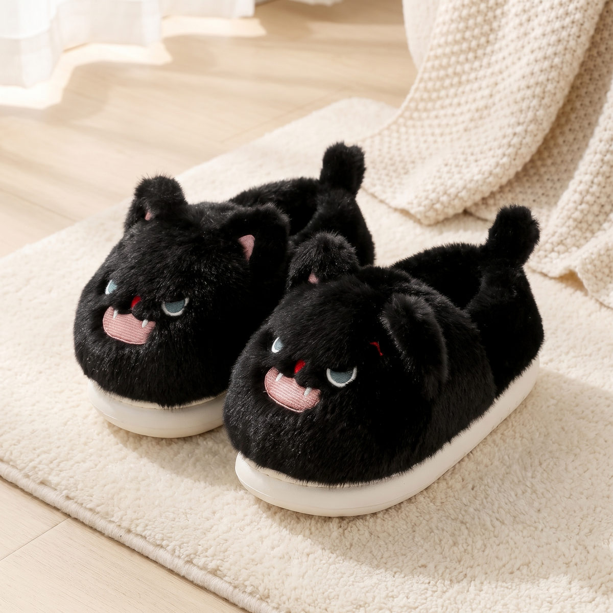 Chaussons posés sur un tapis en laine