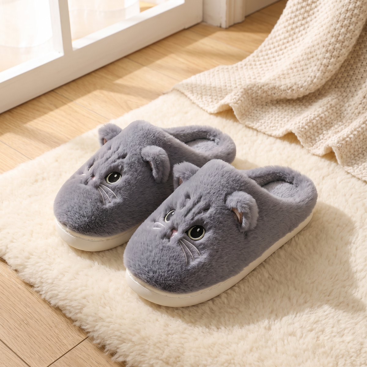 Chaussons posés sur un tapis en laine