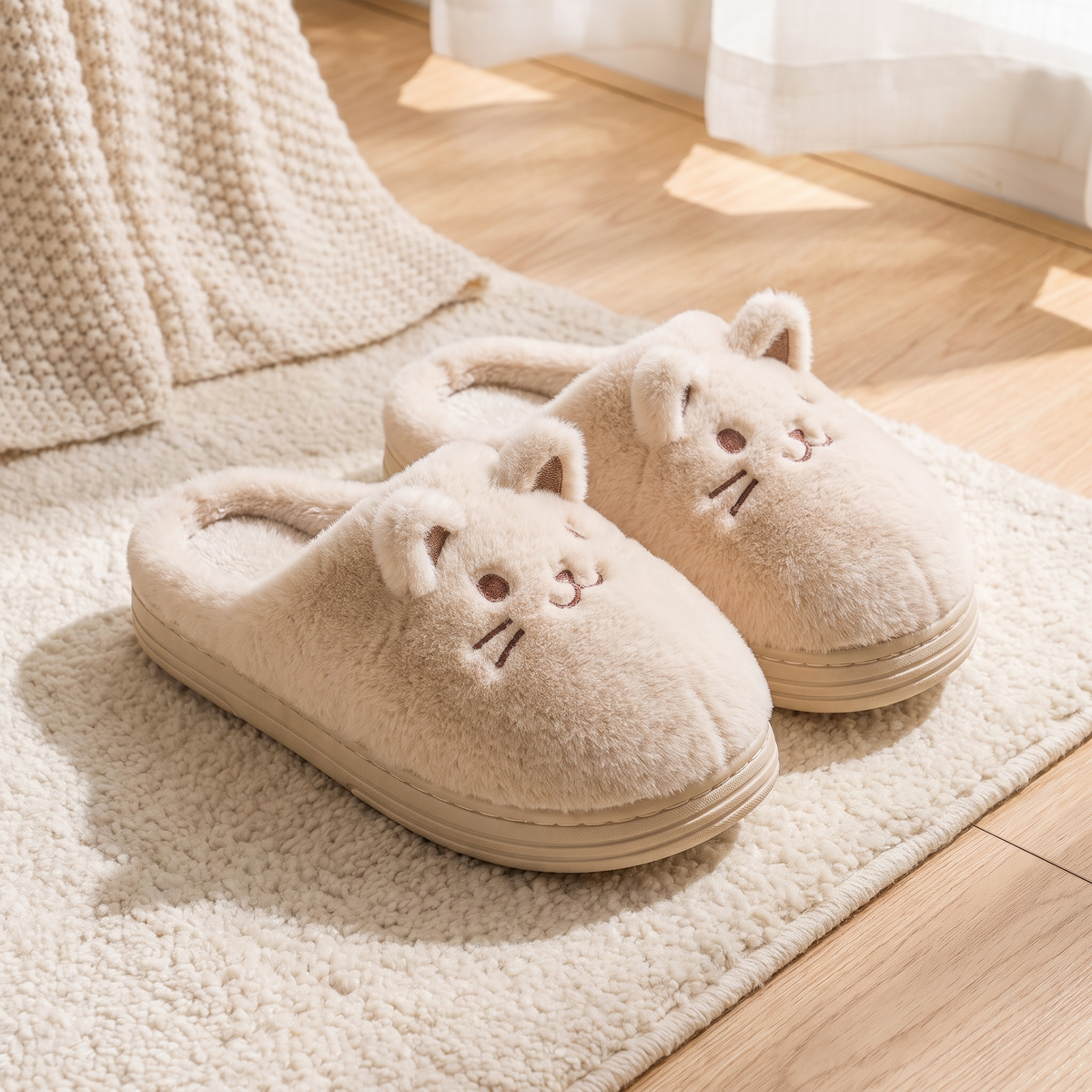 Chaussons posés sur un tapis en laine