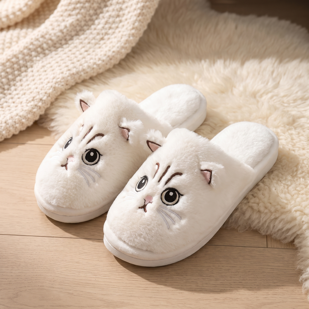 Chaussons posés sur un tapis en laine