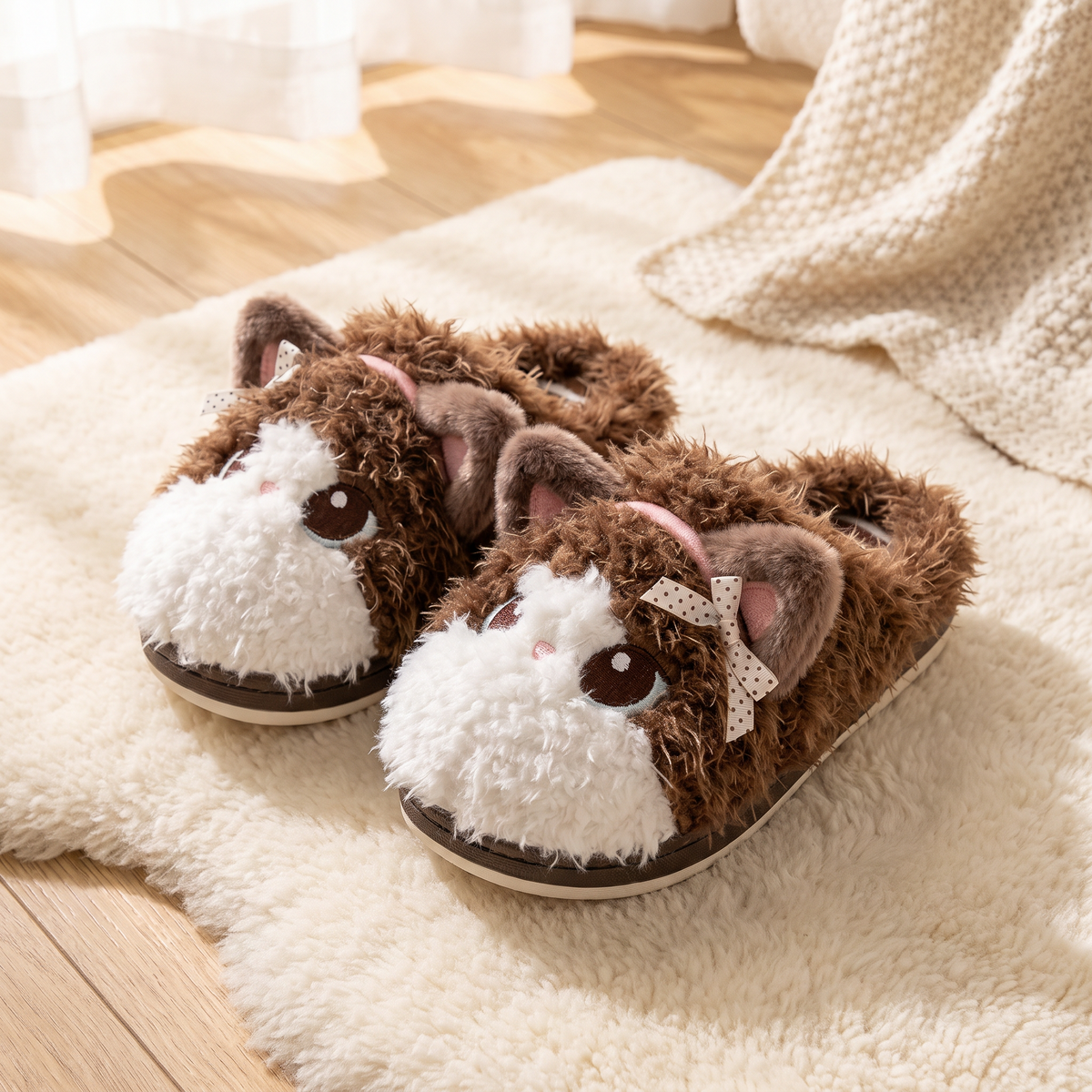 Chaussons posés sur un tapis en laine