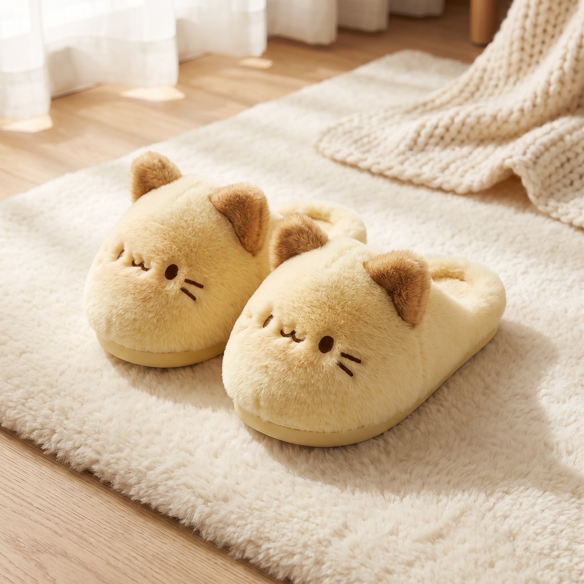 Chaussons posés sur un tapis en laine