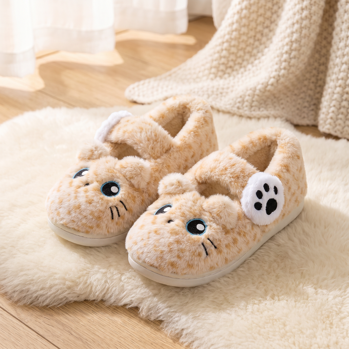 Chaussons posés sur un tapis en laine